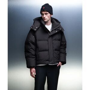 AMI Coat Mens Large Black Zip Up Hooded Oversized Puffer Down Jacket Logo $1495